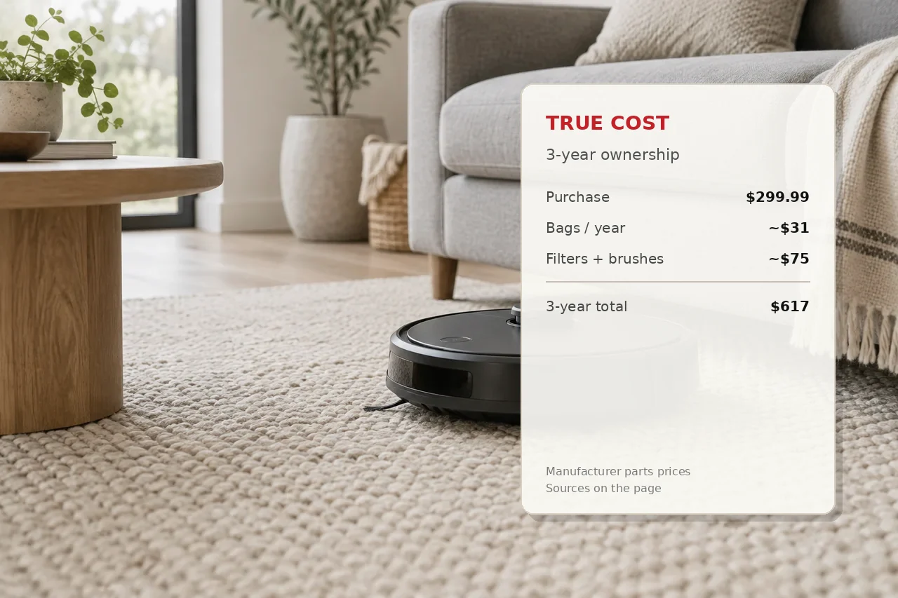 Illustration of a robot vacuum with a true-cost receipt showing purchase and parts