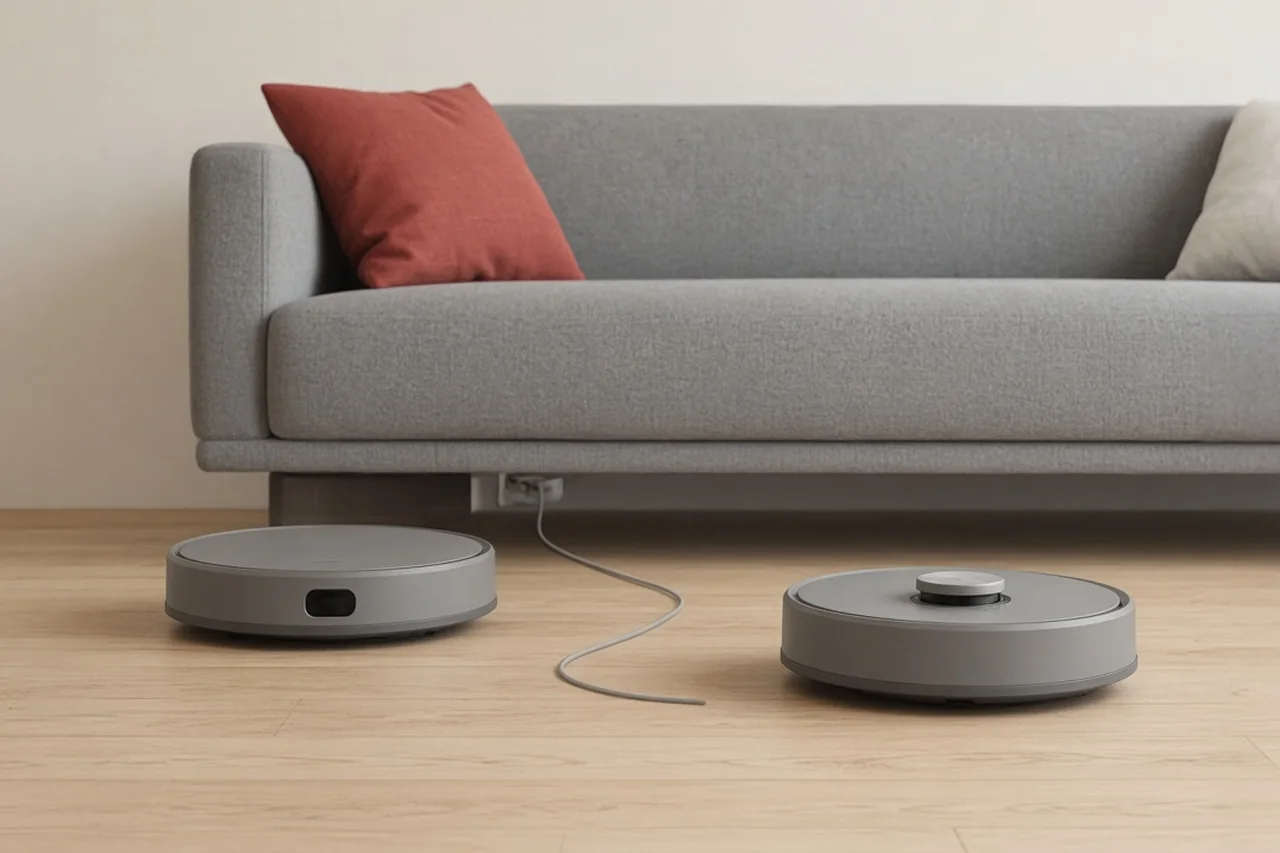 Illustration comparing two round robot vacuums