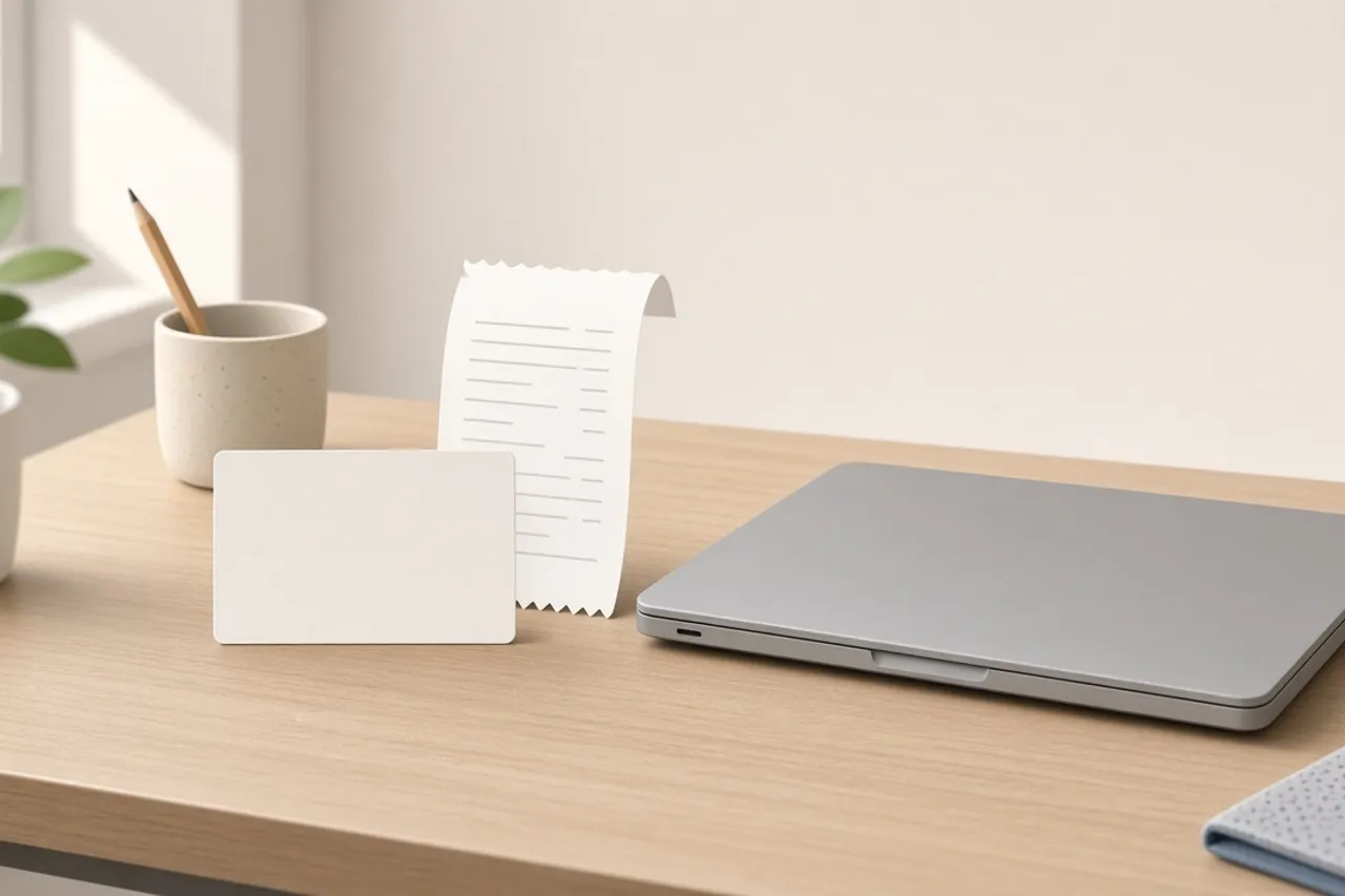 Illustration of a receipt and a protection plan card beside a laptop