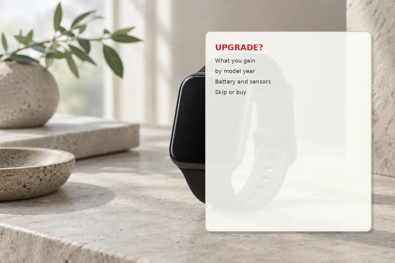Illustration of a smartwatch beside an upgrade decision card